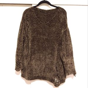 Chenille distressed boutique oversized sweater olive green